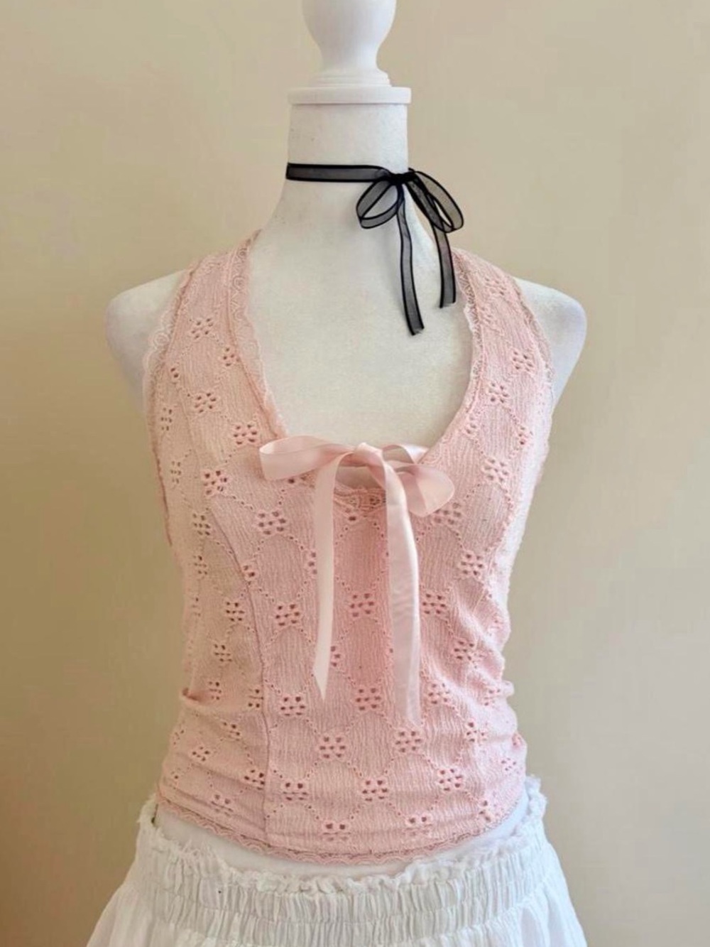 Y2K eyelet lace bow halter tank top pink coquette lolita like Urban Outfitters